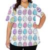 Women's Fashionable V-neck Short-sleeved Work Top With Double Side Slits And Pockets, Featuring Easter Bunny And Egg Prints.