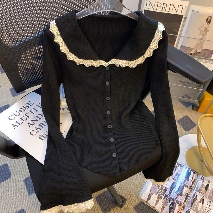 2024 Women's Autumn Knitted Cardigan: French Lace Peter Pan Collar, Bell Sleeves, Skirt Hem Crop Top