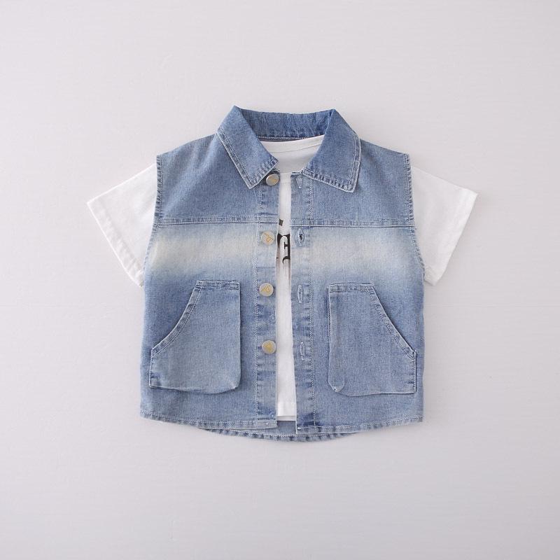 Boys' Korean Style Three-Piece Summer Set: Denim Vest, Stylish Double Pocket, Cool Street Fashion Short Sleeve.