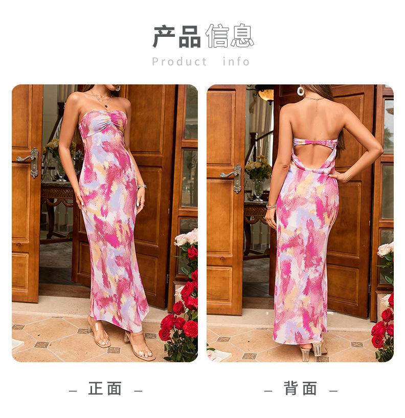 Long dress, summer one-word collar sexy print backless tube top dress for women
