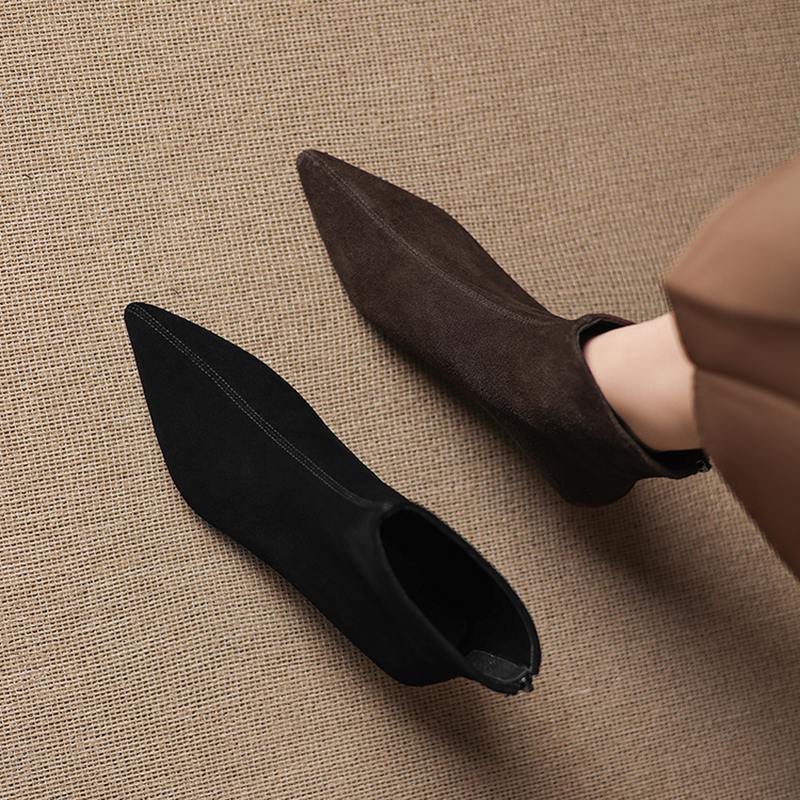 Krazing Pot Cow Suede Nubuck Winter Pointed Toe Preppy Style Stiletto Thin Med Heels Women Zip Women Ankle Boots
