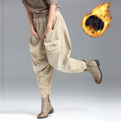 Women's Autumn and Winter Solid Color Padded Corduroy Pants Loose Casual Pocket Trousers
