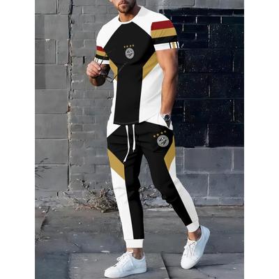 Men's Polyester Sportswear 2pcs Set - Elegant Casual Crew Neck T-Shirt & Long Pants - Slightly Stretchy Knit with 3D Print