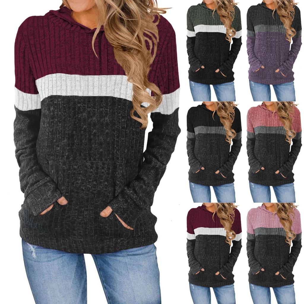 Women's Fashionable Casual Color Blocked Hooded Pocket Loose Long Sleeved Pullover Top