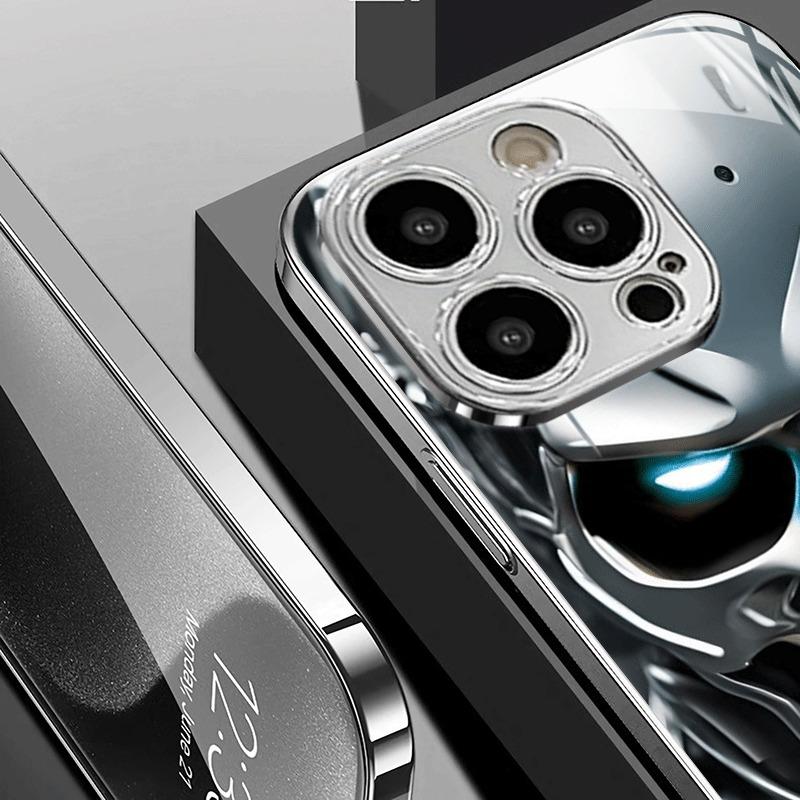 Silver Skull Pattern Tempered Glass Electroplated Phone Case For iPhone 17 16 15 14 13 12 11 Pro Max 14 15 Plus 16E 17 Air Cover