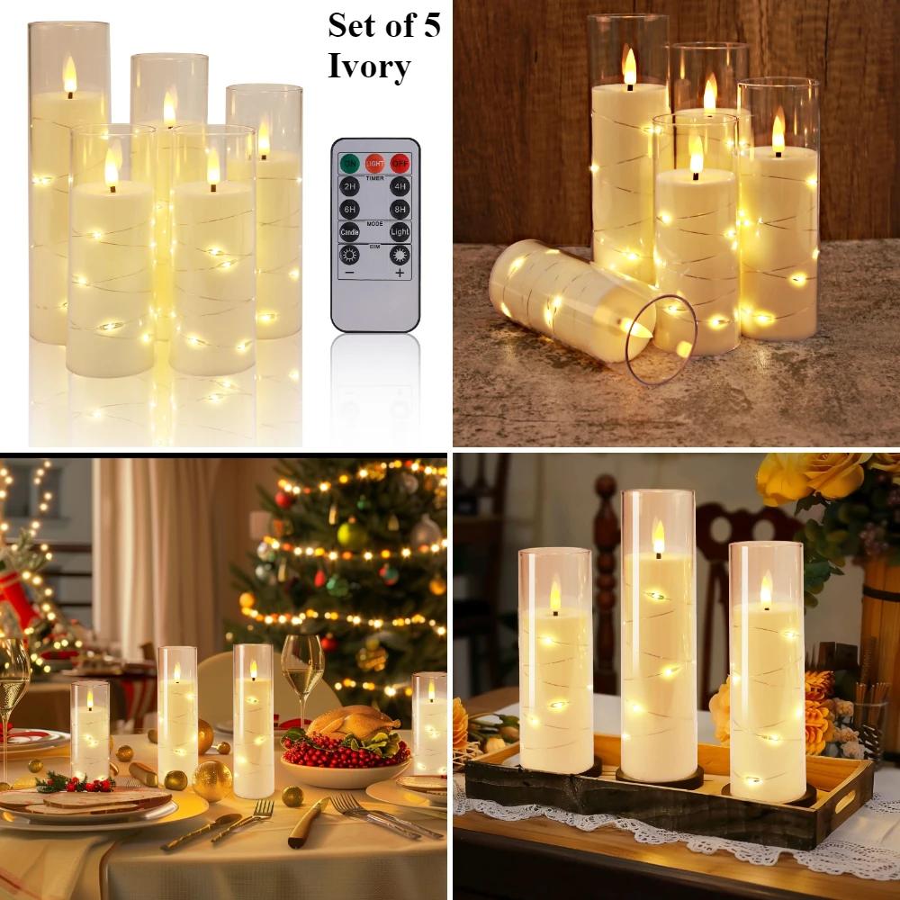 Flameless LED Electronic Candle Set with Embedded Star String and Timer Remote Control Flickering LED Pillar Tealight Home Decor