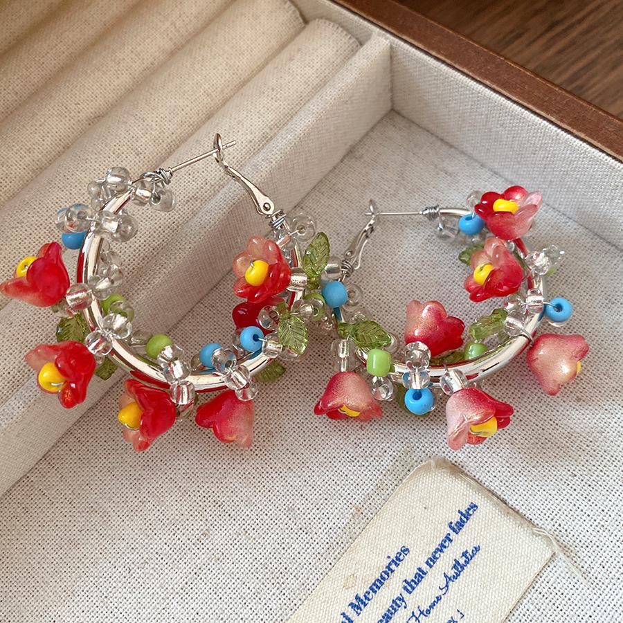 Silver Needle Metal Glass Beaded Flower Earrings Mori Sweet Small Fresh Earrings Light Luxury Premium Earrings