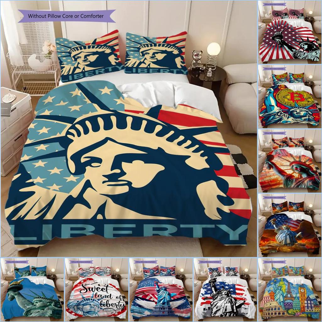 Patriotic Theme Statue of Liberty Bedding, Duvet Cover, Pillowcase, Home Decoration, Birthday Gift (1 * Duvet Cover+2 * Pillowcase, Coreless)