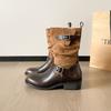 Vintage old fashion boots women's autumn and winter rubbing thick heel thick-soled knight boots belt buckle medium tube stacking boots