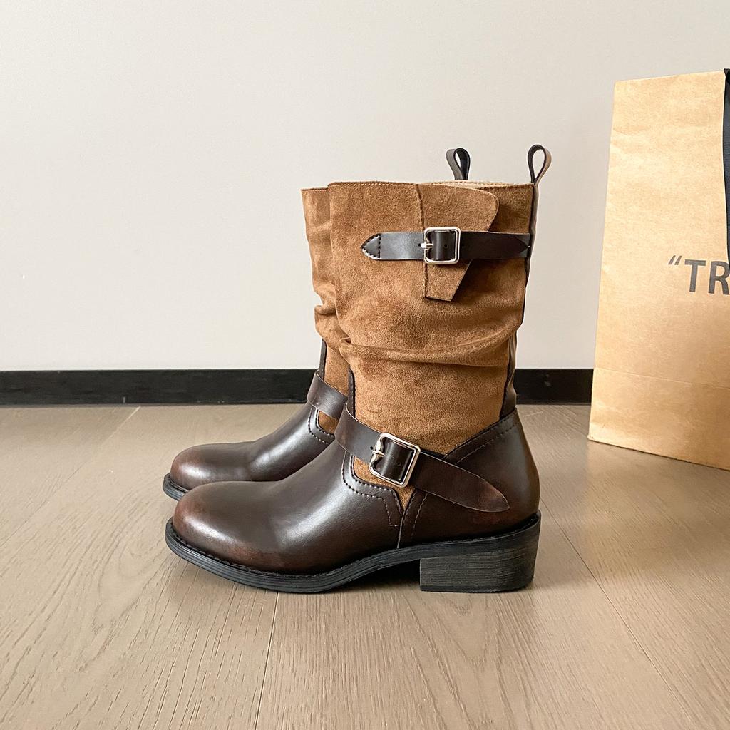 Vintage old fashion boots women's autumn and winter rubbing thick heel thick-soled knight boots belt buckle medium tube stacking boots