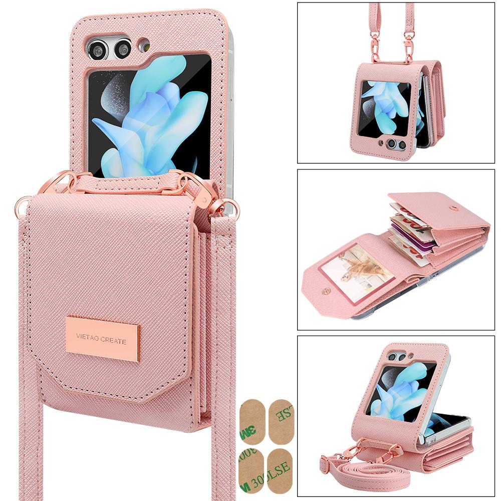 

VIETAO PU Leather Bank Cards Wallet Phone Case With Cross body Lanyard Compatitable With Samsung Galaxy Z Flip7 6 Flip5 Flip4 Z3 For Samsung Z Flip 6 рожевий