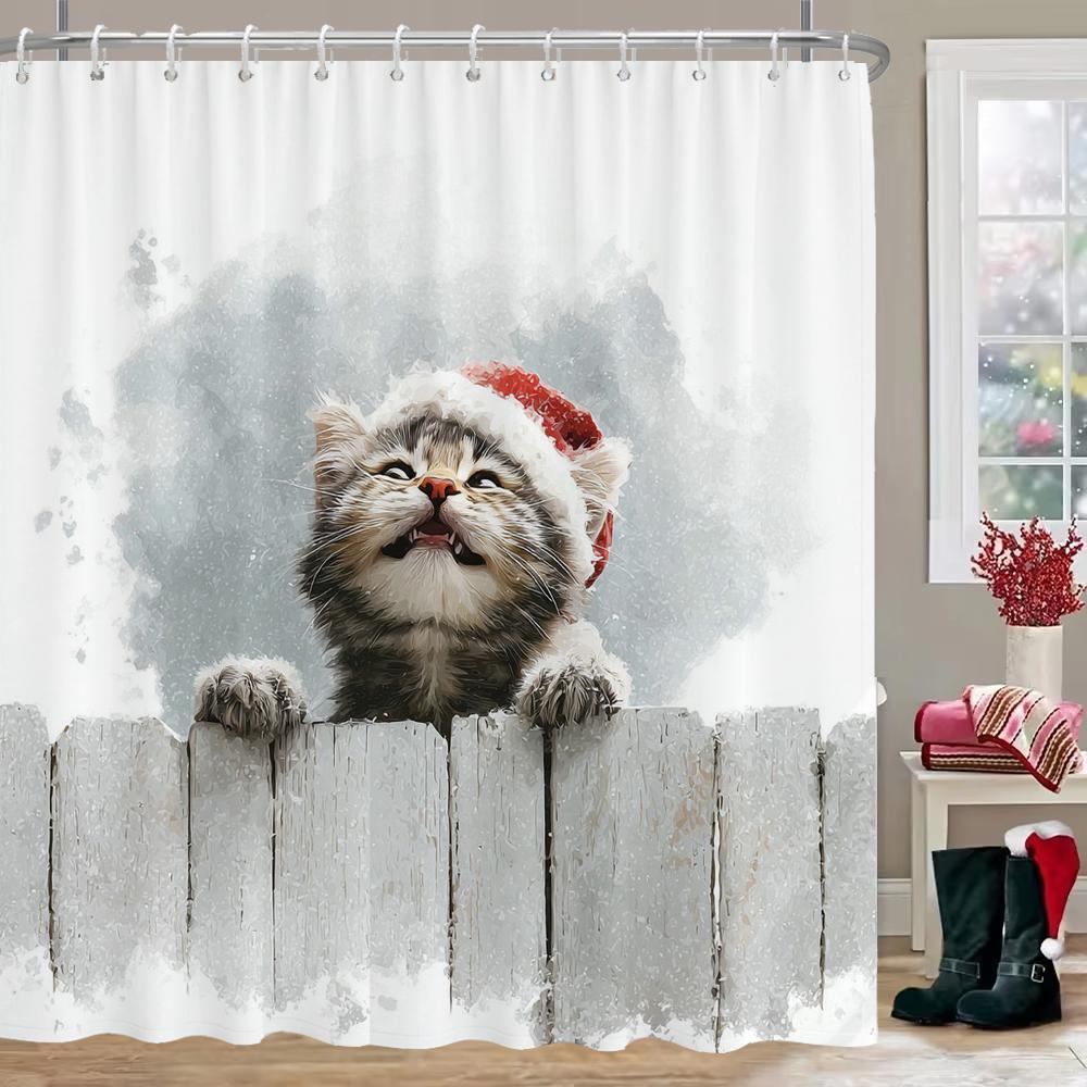 Interesting cat and dog Christmas Shower Curtain, Bathroom Decorative Shower Curtain, Waterproof Shower Curtain with Hooks