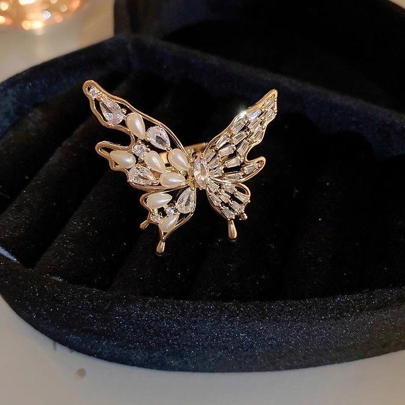 Light Luxury Metal Large Butterfly Rings for Women Girls Light Luxury Exquisite Zircon Pearl Opening Rings Party Jewelry Gifts