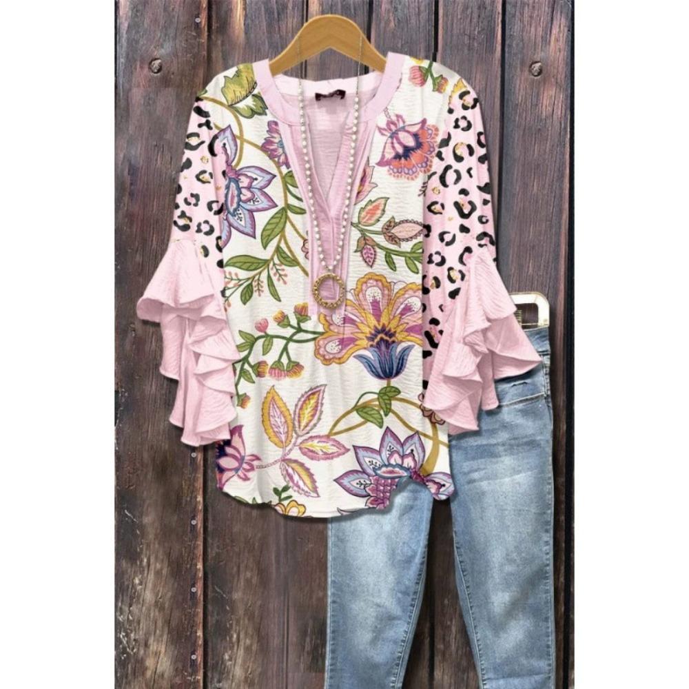 Large Women's Bohemian V-neck Shirt with Ruffle Sleeves, Grey Brown Floral Print Top, Casual Breathable Machine Washable Pullover