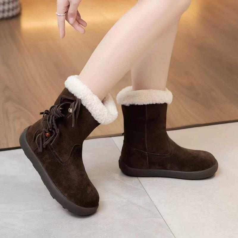 Leather snow boots women's winter new boots fleece warm round head comfortable versatile thick-soled cotton boots women's shoes