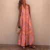 Loose Fit Printed Halter Neck Sleeveless V-Neck Maxi Dress With Flared Skirt Streetwear Casual Outfit