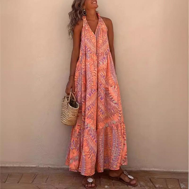 Loose Fit Printed Halter Neck Sleeveless V-Neck Maxi Dress With Flared Skirt Streetwear Casual Outfit