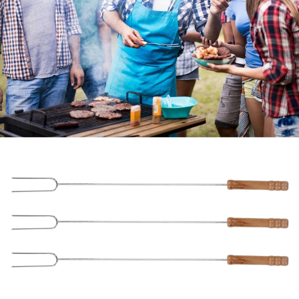 Hot Dog Fork Lightweight Reusable Heat Resistant Roasting Stick Stainless Steel with Beech Wood Handle for Outdoor