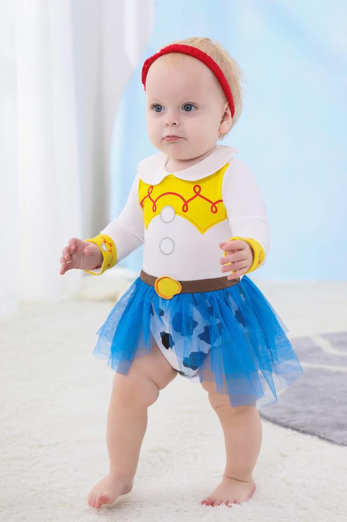 Dressy Daisy Cowgirl Romper for Toddler Cosplay with Perfect for and Ages White Jessie-inspired Girls, Headband, Halloween, Birthdays, Parties, 6-9