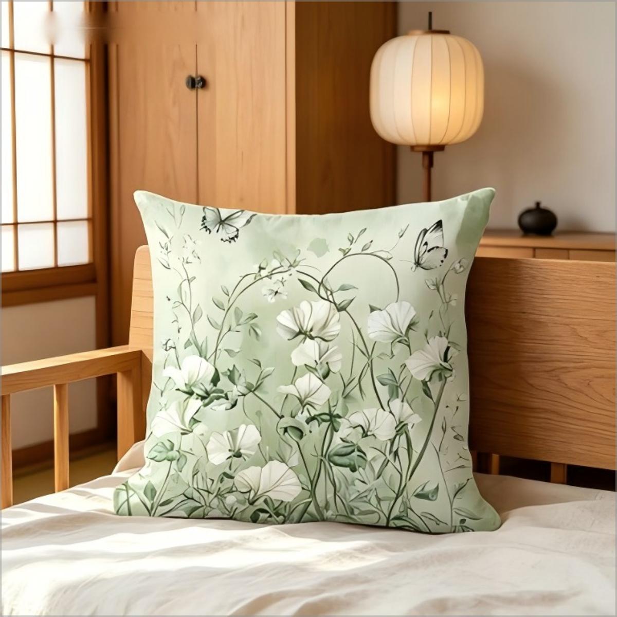 Exquisite Ornaments Unisex Green Watercolor Floral Butterfly Print Throw Pillow Cover, Soft Sage Botanical Garden Decorative Cushion