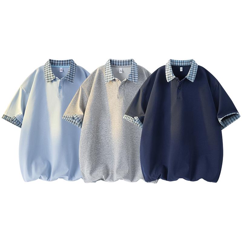 Plaid Splicing Short-sleeved POLO Shirt For Men In Summer Loose Couple Versatile Half-sleeved T-shirt