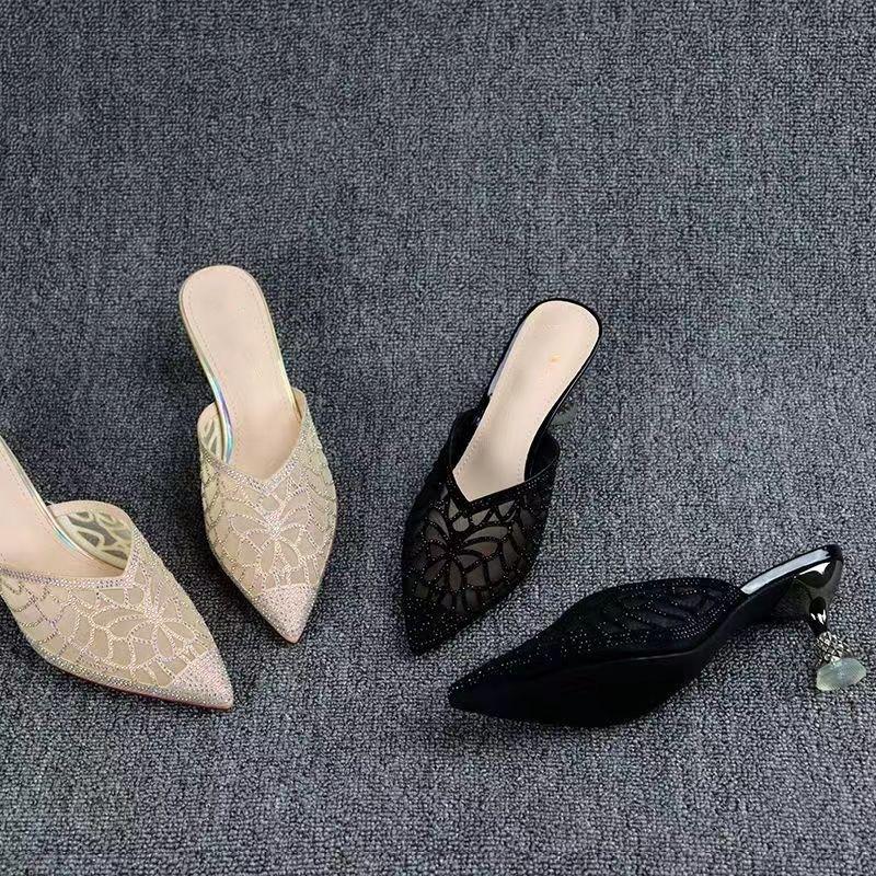 Pointed Baotou Rhinestone Half Slippers Women Mesh Yarn Middle Heeled Shoes Women Fine Heeled Outer Wear Lace Sandalias De Mujer