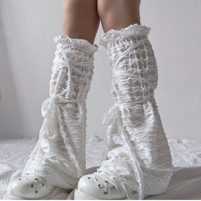 Ballet Dance Leg Warmers Summer Mesh Leg Warmers Flared Leg Sleeves Sweet Bows Lace Up Legwarmers Streetwear for Womens