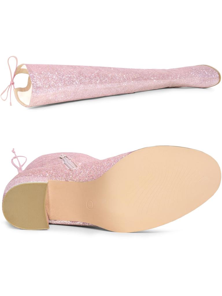 Allegra K Women's Glitter Round Toe Chunky Heel Over-the-Knee Boots, Pink, Size 24.0cm