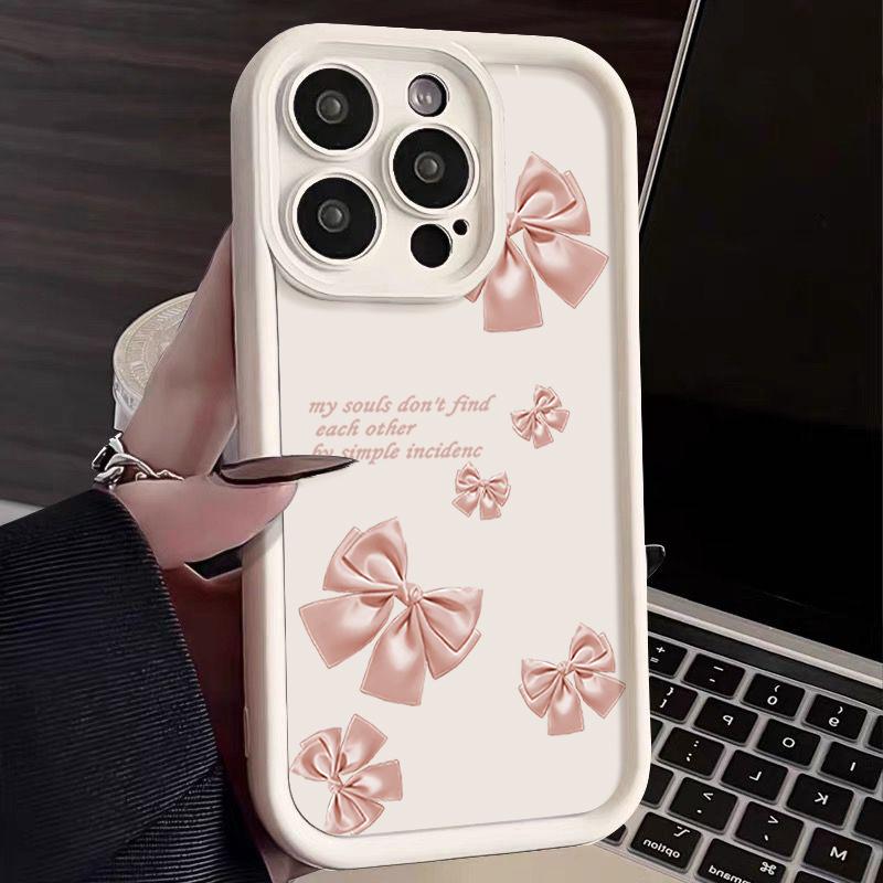 

Розовый чехол-бампер из мягкого матового ТПУ с рисунком в виде банта для iPhone 16 Pro Max 15 Pro 14 13 12 11 XR XS, противоударный защитный бампер для объектива iPhone 13 белый/бежевый