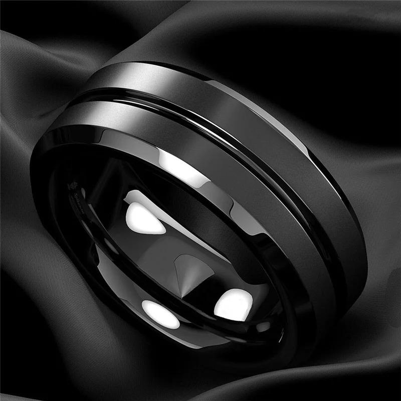 Fashion 8mm Men Rings Black Groove Matte Stainless Steel Rings For Men Wedding Engagement Jewelry Anniversary Birthday Gifts
