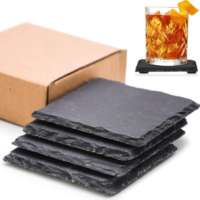 6Pcs Natural Slate Drink Coasters Black Stone Insulation Cup Coaster for Coffee Table, Home Kitchen, Bar