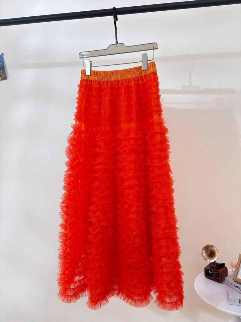 Sweet Apricot Embroidered Mesh Ruffle Midi Skirt - Fluffy, Layered and Versatile for Autumn/Winter