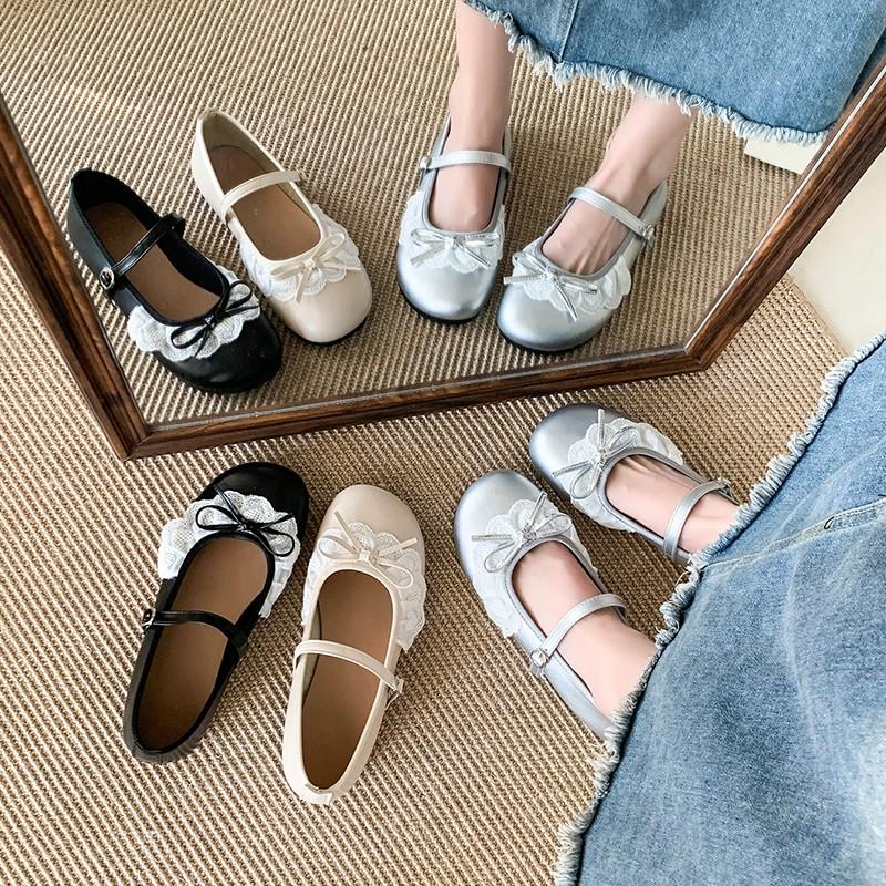 Mode Enkele Schoenen 2025 Nieuwe Lente en Herfst Mary Flat Vintage Eén Strik Kant Franse Schoenen