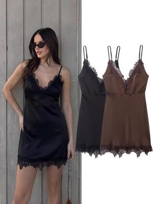 Women's Autumn Pure Desire Lace Trim Spaghetti Strap Dress