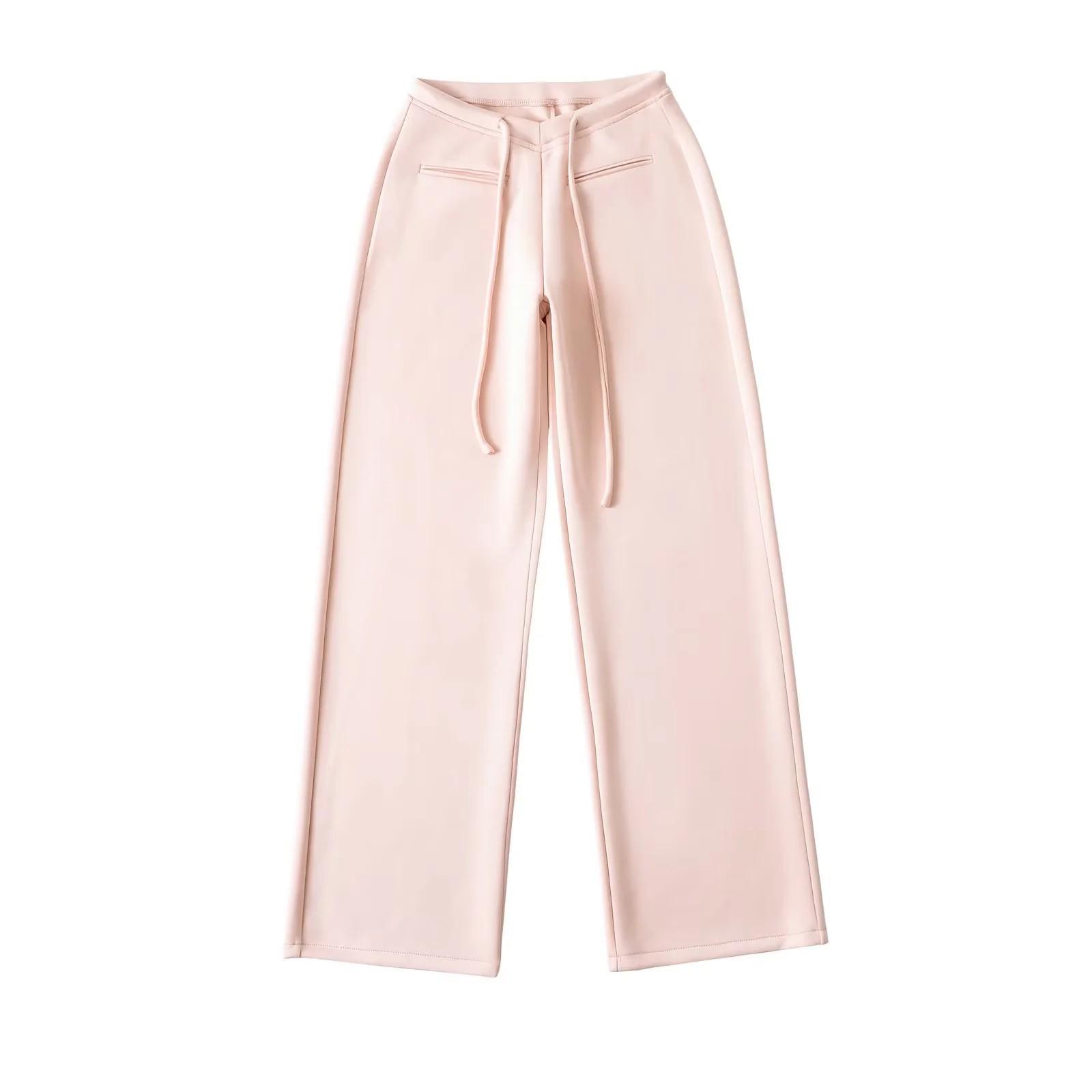 

Lulu Style V-Waist Cotton Wide-Leg Pants - 2025 Spring Drawstring Casuals Medium светло-розовый