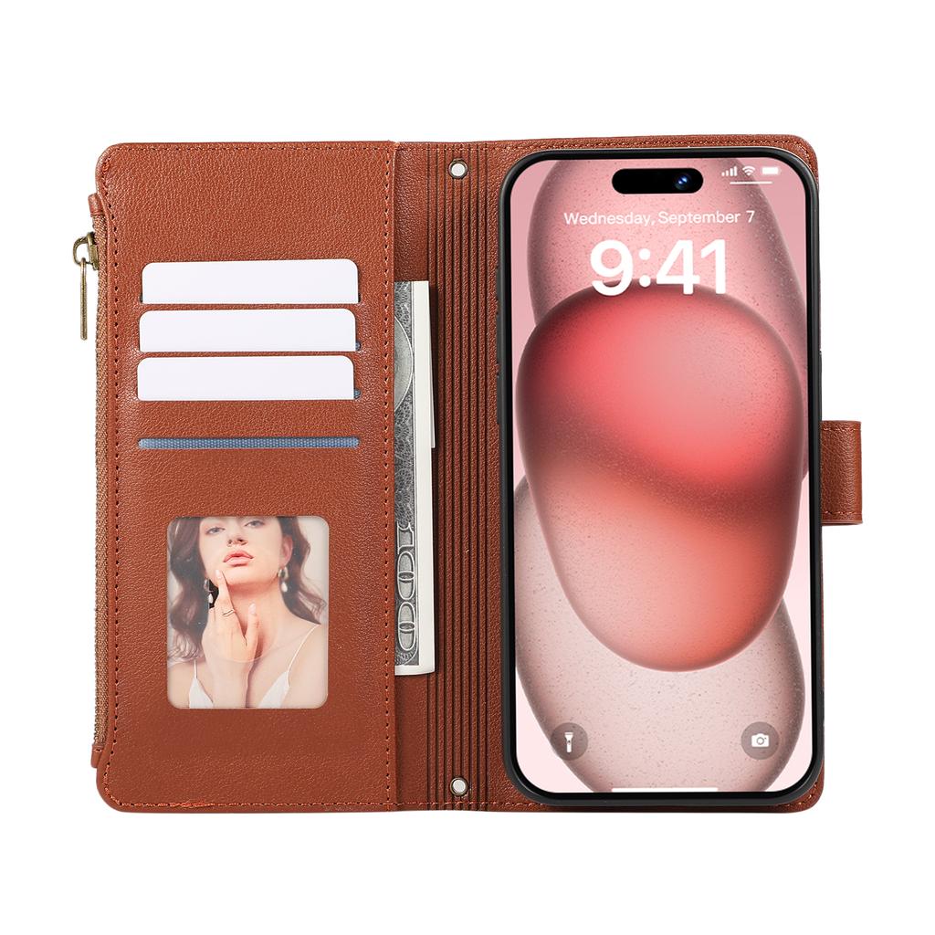 For iPhone 15 Pro Case Multi Card Slots Zipper Leather Phone Cover with Wrist Strap