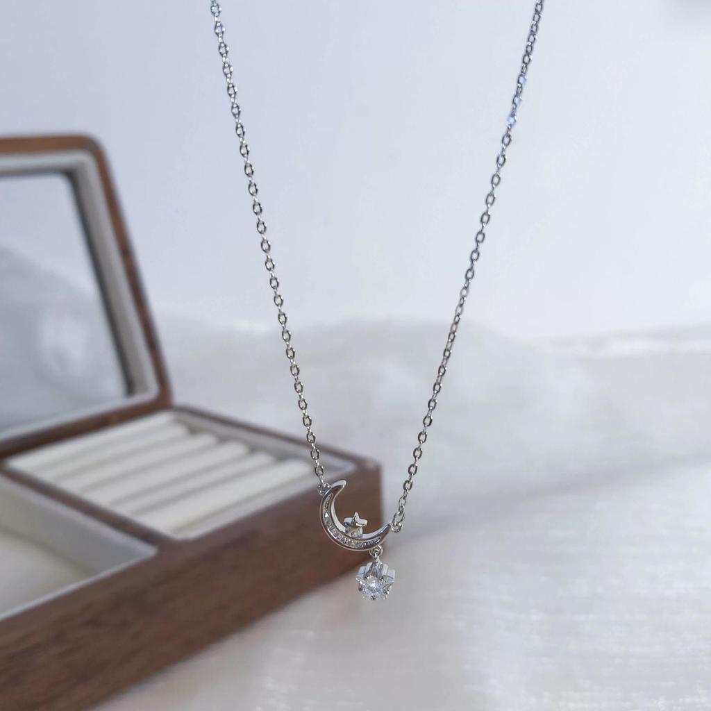 S999 Sterling Silver Star and Moon Zircon Necklace for Women - Elegant High-End Choker