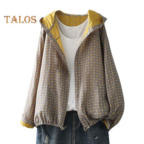 Women Spring Autumn Coat Hooded Drawstring Hem Long Sleeve Printing Loose Zipper Closure Jacket with Pockets Daily Wear Commuting Outerwear