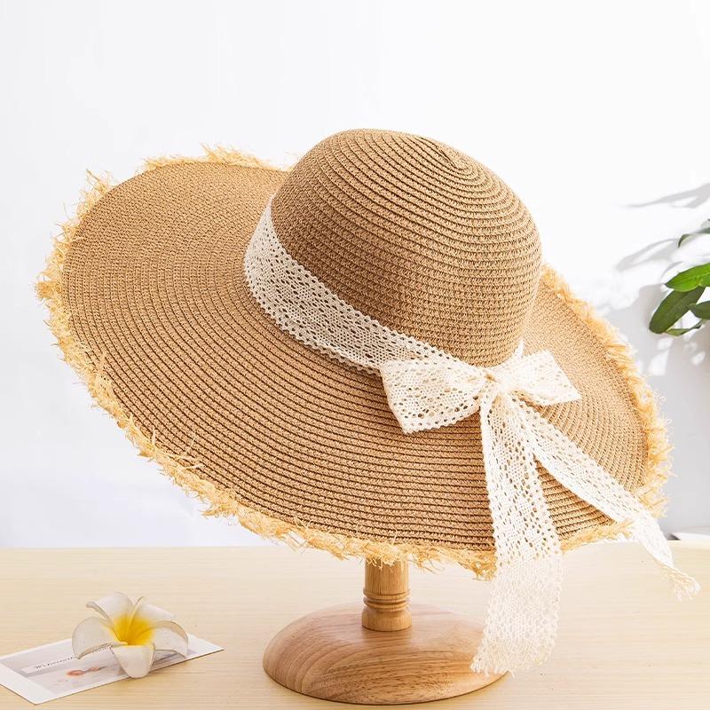 Lace Bow Straw Hat Women's Summer French Large Brim Sunscreen Hat Seaside Beach Vacation Sun Hat