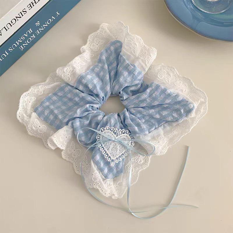 Blue Plaid Bow Lace Scarf  Hair Tie Set – Korean Style Large Hair Accessory for Women