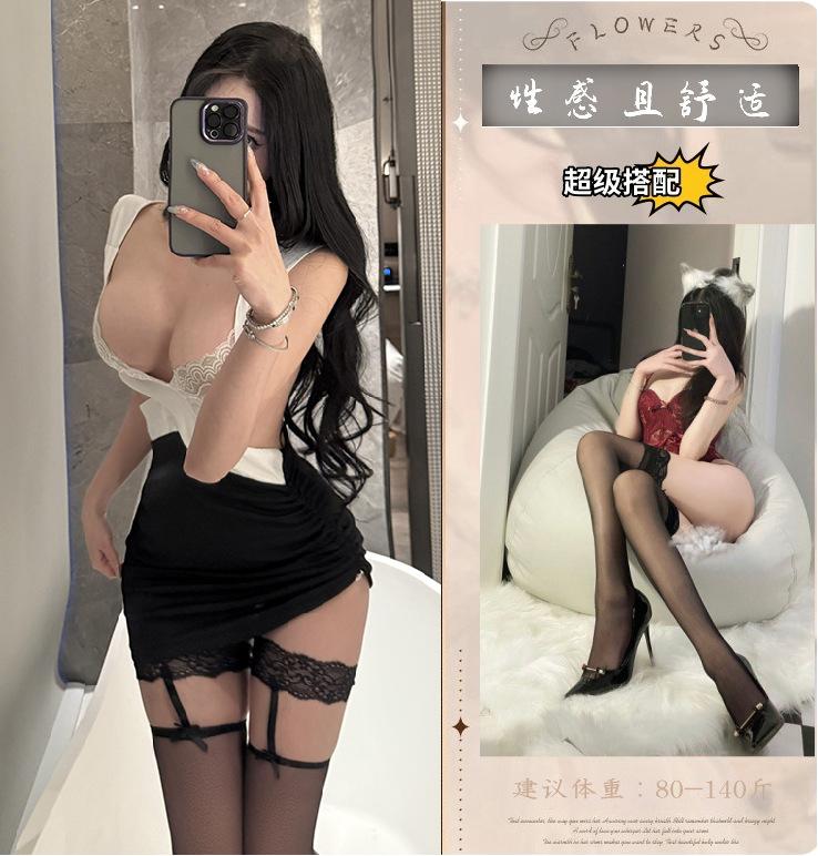 Erotic lingerie, deep V cross cutout, open-chested secretary's outfit, lace see-through, sexy hip-hugging dress
