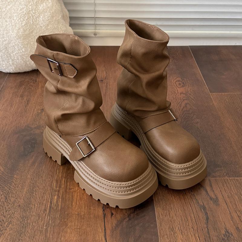 

Модная универсальная пряжка ремня, круглый носок, толстая подошва, ботильоны на платформе, женские, 2025, осень и зима, новые модные универсальные ботинки на толстой подошве 39 жёлтый