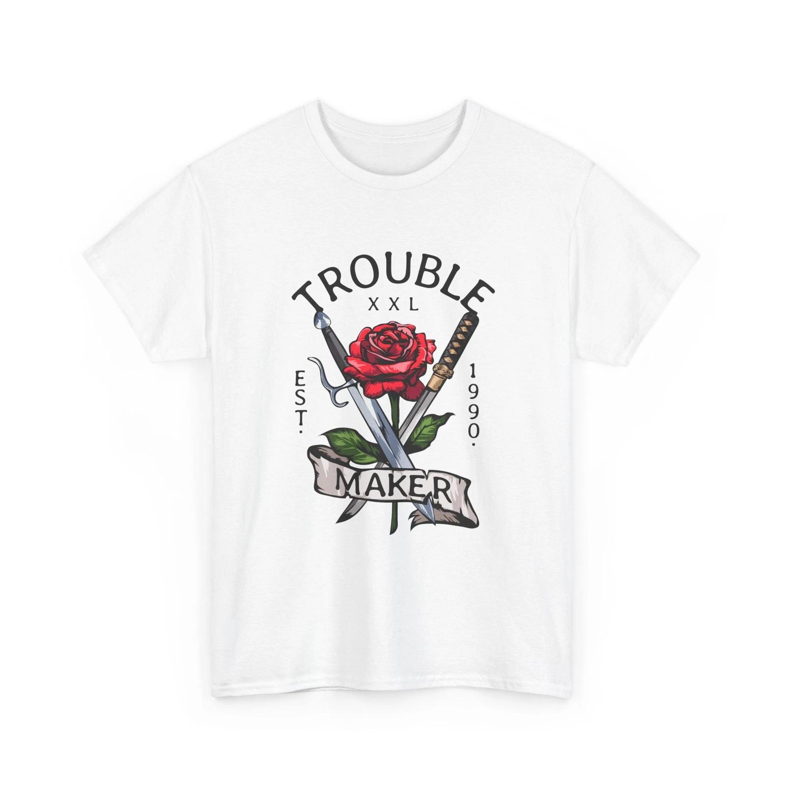 Trouble Maker Rose Tee | Crossed Knives Tattoo Style, Cool Fashion, Pop Art 2XL