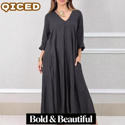 Women's Fashion Autumn Winter Solid Color Print V-Neck Long Sleeve Casual Dresses