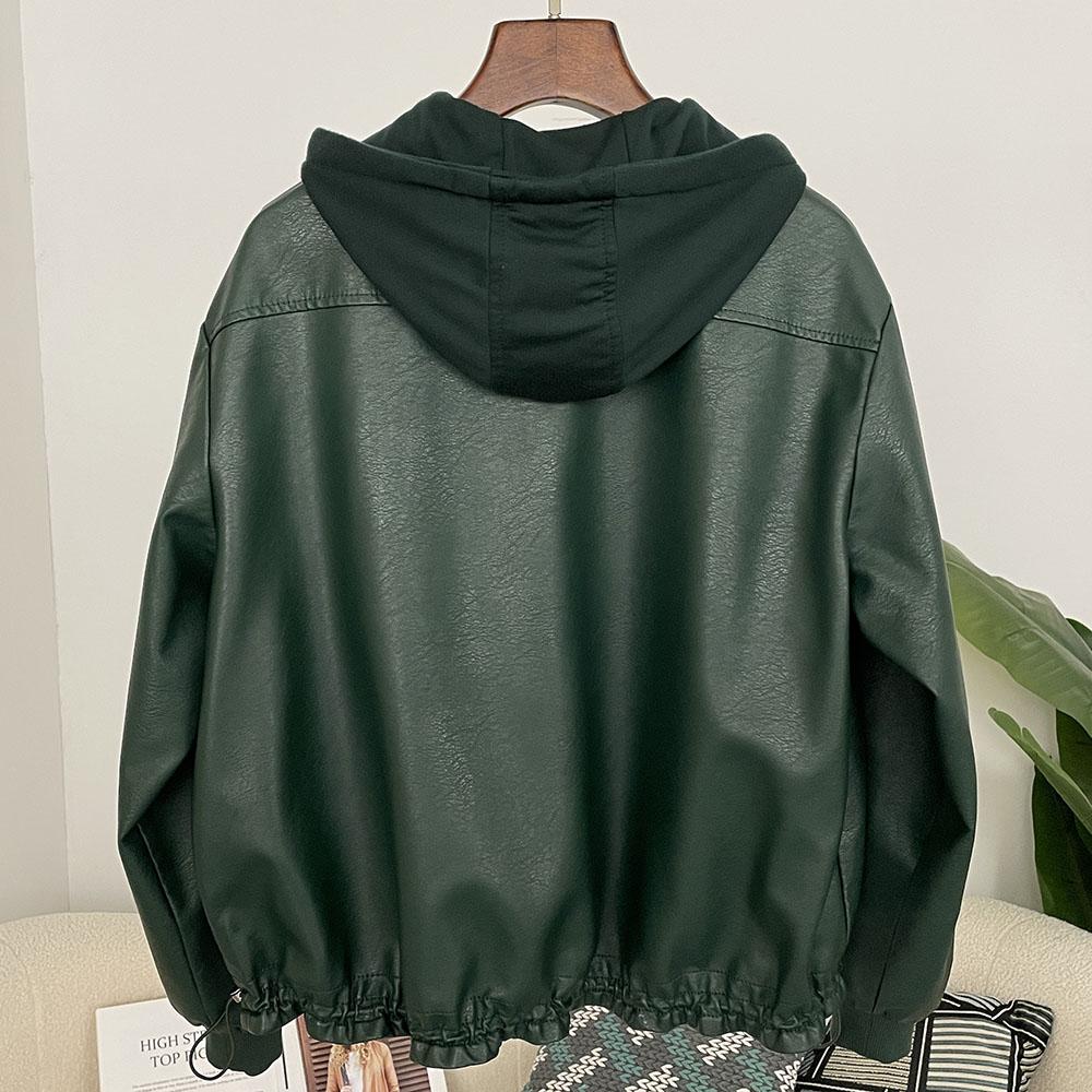 OFTBUY Damen Kapuzenjacke Vintage Locker Pu Kunstleder Hut Kurze Jacke Lässig Motorradjacke Damen Reißverschluss Retro Moto Biker Mantel Oberbekleidung Tops