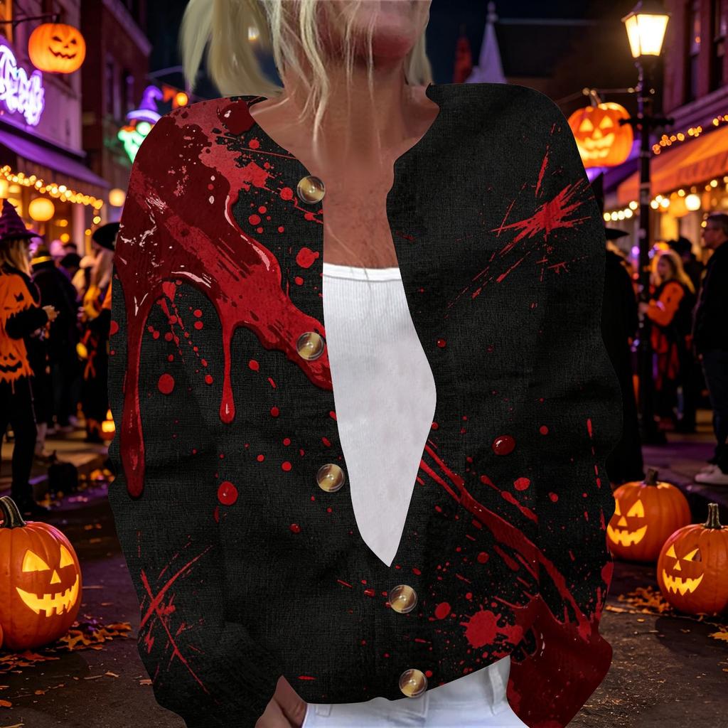 Women's Long Sleeve Knit Cardigan Button Front Sweater Halloween Themed Print Casual Lightweight Outerwear for Seasonal Wear