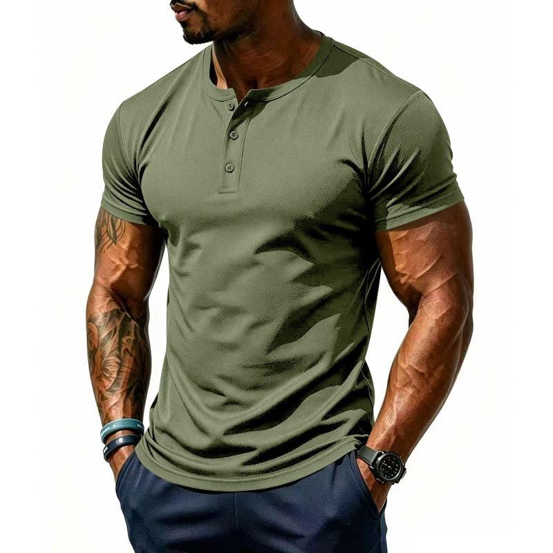 Men’s Summer Quick-Dry Mesh Henry-Neck T-Shirt – Casual Plain Short-Sleeved