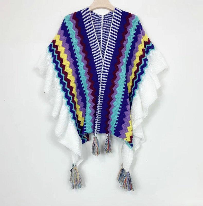 Bohemian Shawl: Autumn/Winter Striped Ruffle Cape - Qinghai-Tibet Line Travel Wear
