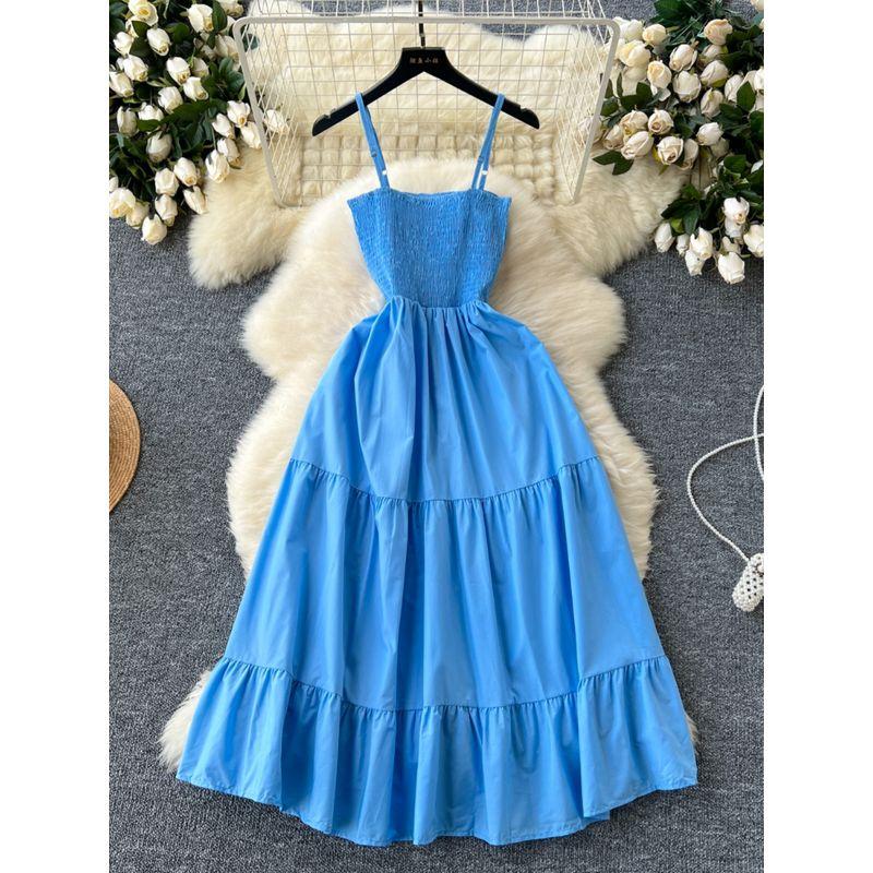 Sling Dress Women's 2024 Summer Dress New Arrival Elastic Tight Waist Slim Looking Sleeveless Tube Top Ruffles Long Dress