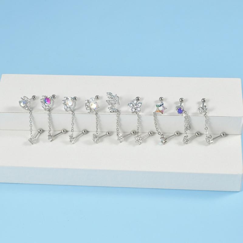 Colorful Zircon Tragus Helix Ear Lobe Stud Chain Link Earring Women Drop Ear Ring Fashion Jewelry for Daily Wear